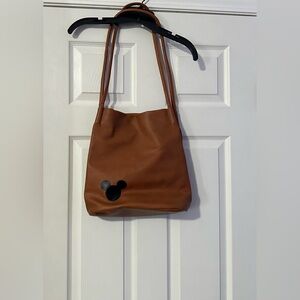 Women's Brown Leather Shoulder Bag with Mickey Accent